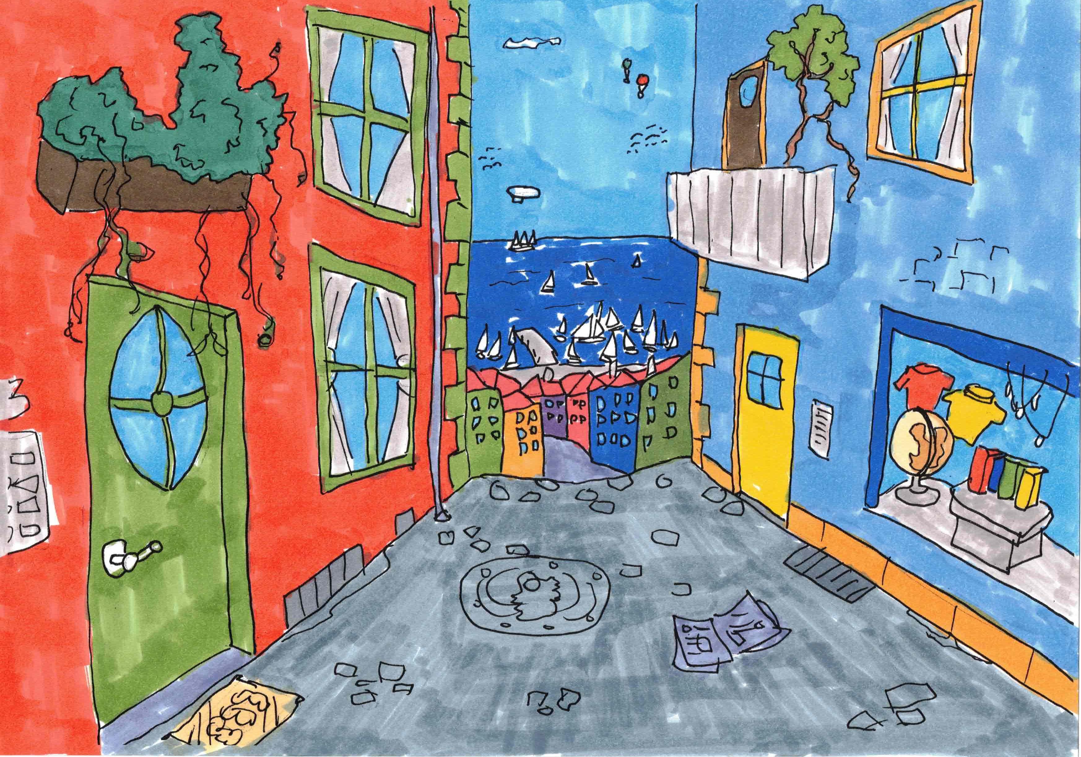 A colorful street looking out onto the sea