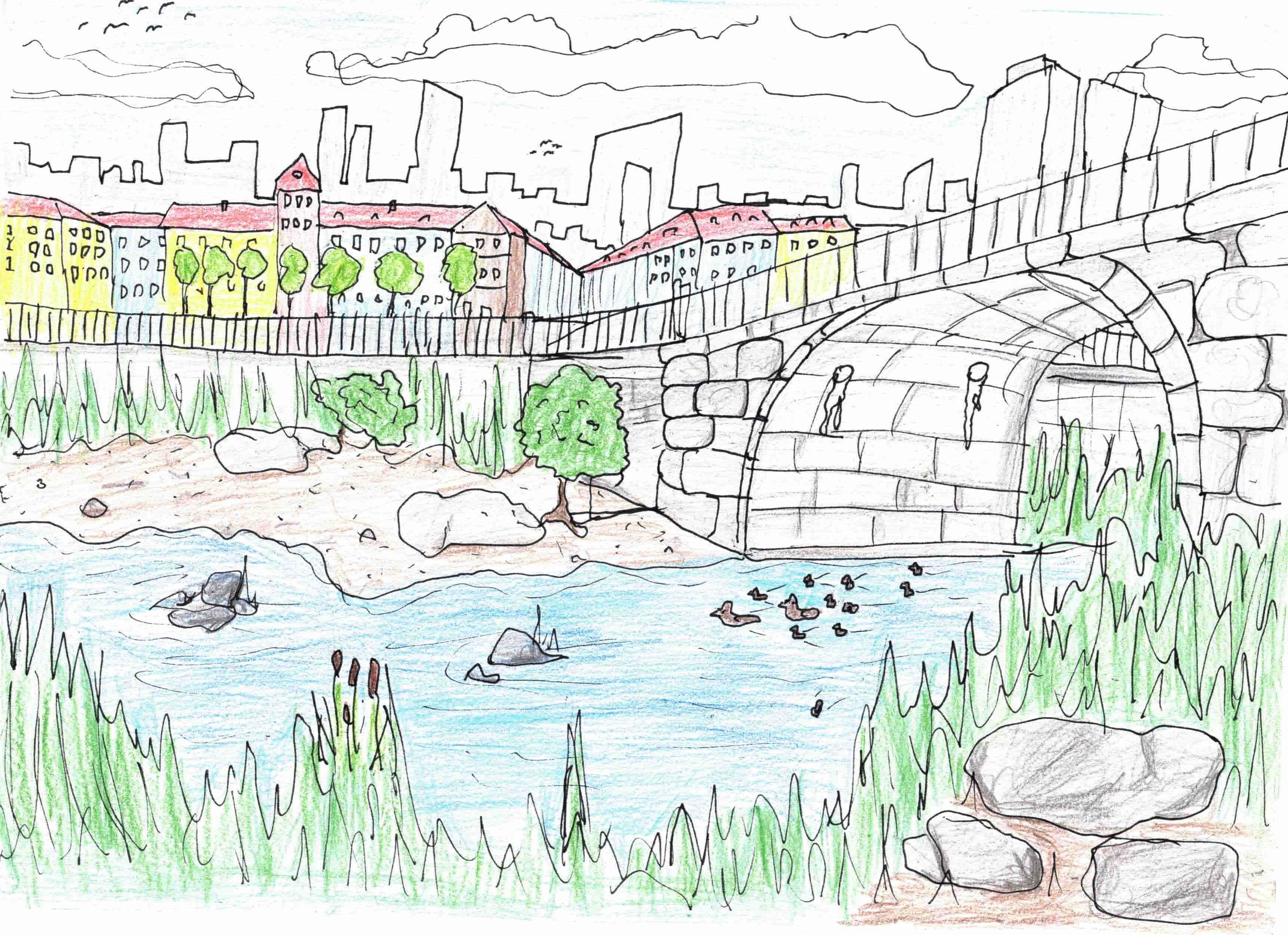 A river going through a city, drawn with pencils
